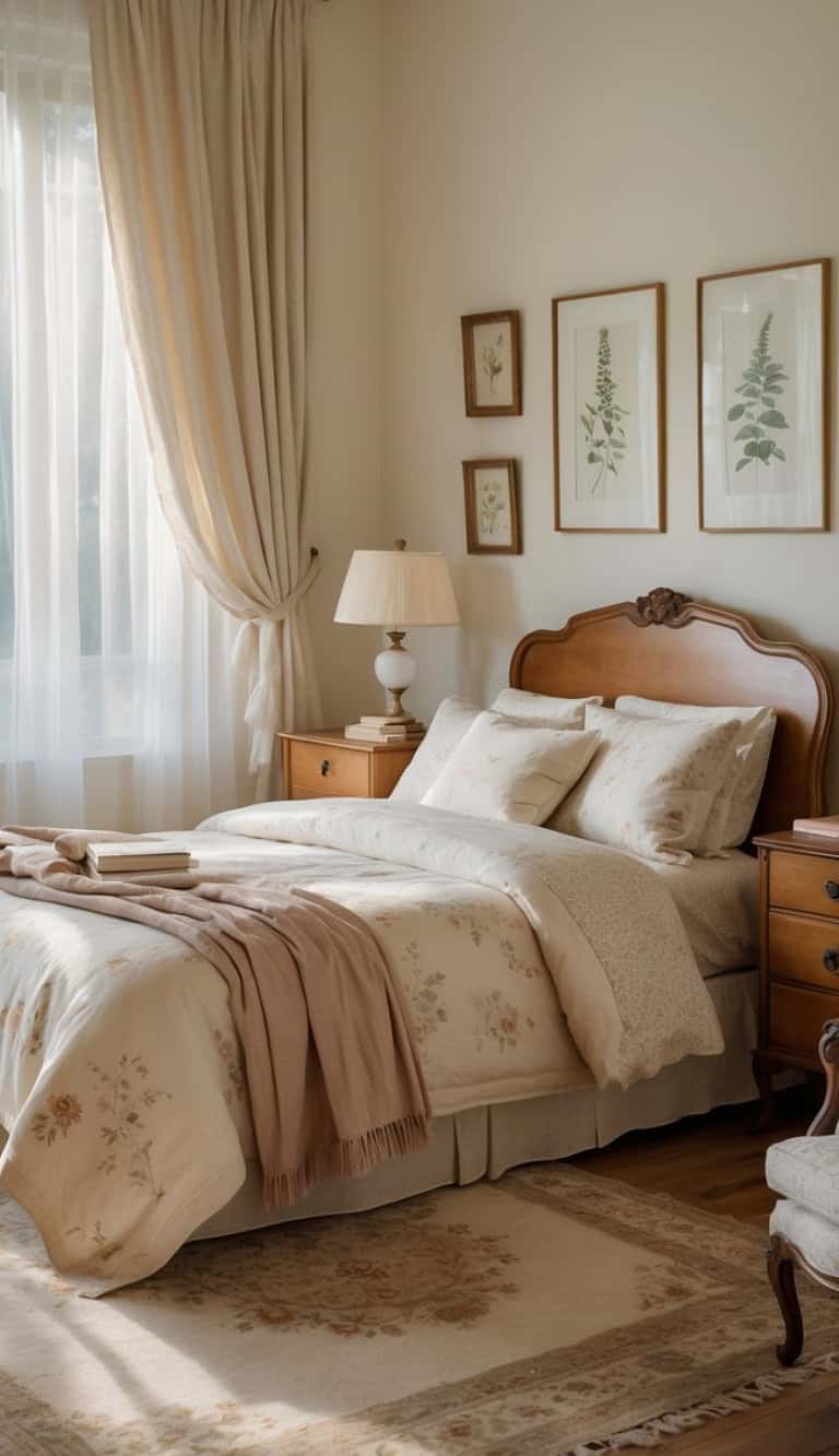 A cozy, softly lit bedroom featuring a wooden bed adorned with floral-patterned bedding and multiple pillows, draped with a light beige throw. There are bedside tables with a lamp and decorative items, framed botanical prints on the wall, and sheer curtains allowing soft light to enter.