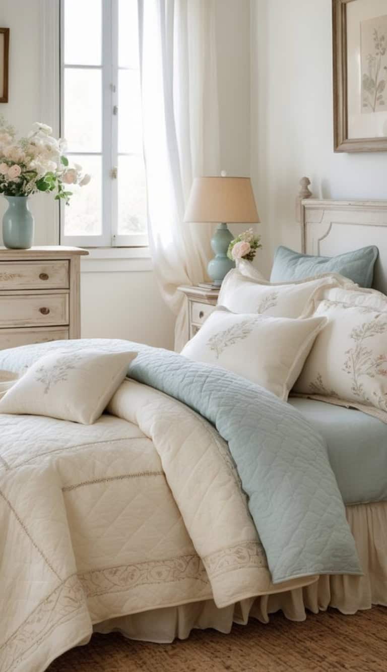 A softly lit bedroom featuring a neatly made bed with a light beige quilt and a pale blue throw blanket, adorned with several decorative pillows. Nearby, a wooden nightstand with a vase of flowers and a lamp sits next to the bed. Natural light filters through a window draped with sheer curtains, enhancing the tranquil atmosphere.