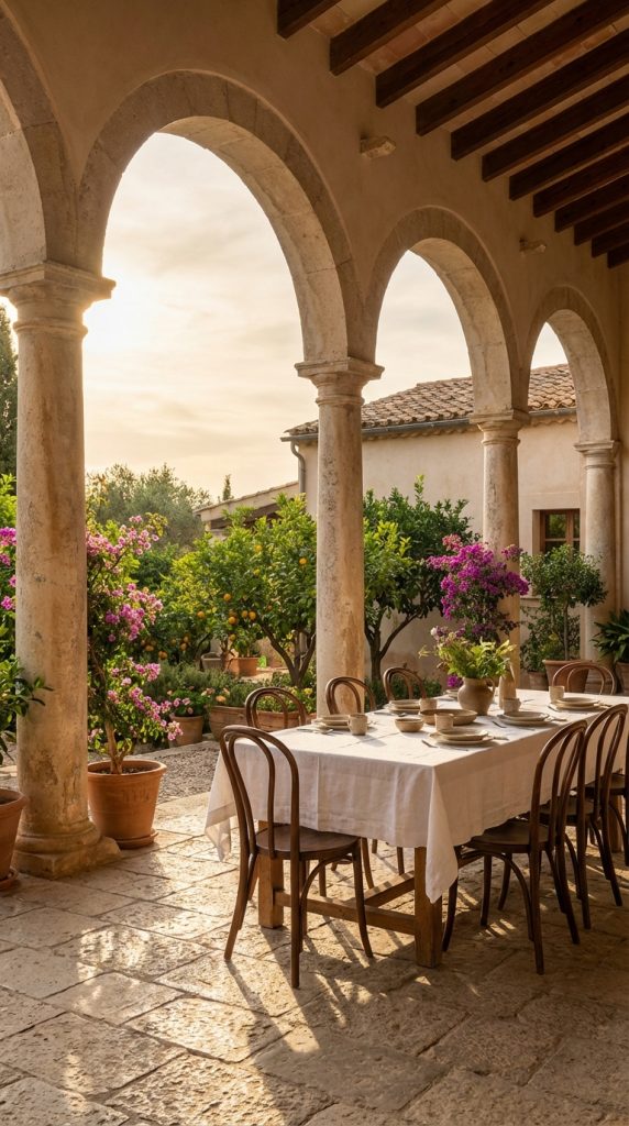 Mediterranean dining room idea in stone colonnade with timber beams, linen-draped table, bentwood chairs, and citrus garden courtyard.