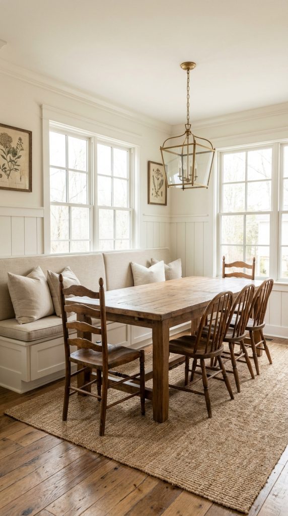 Formal French country dining room idea with matching antique sideboards, garden-view French doors, limestone flooring, wood dining table, upholstered chairs, and classic chandelier.