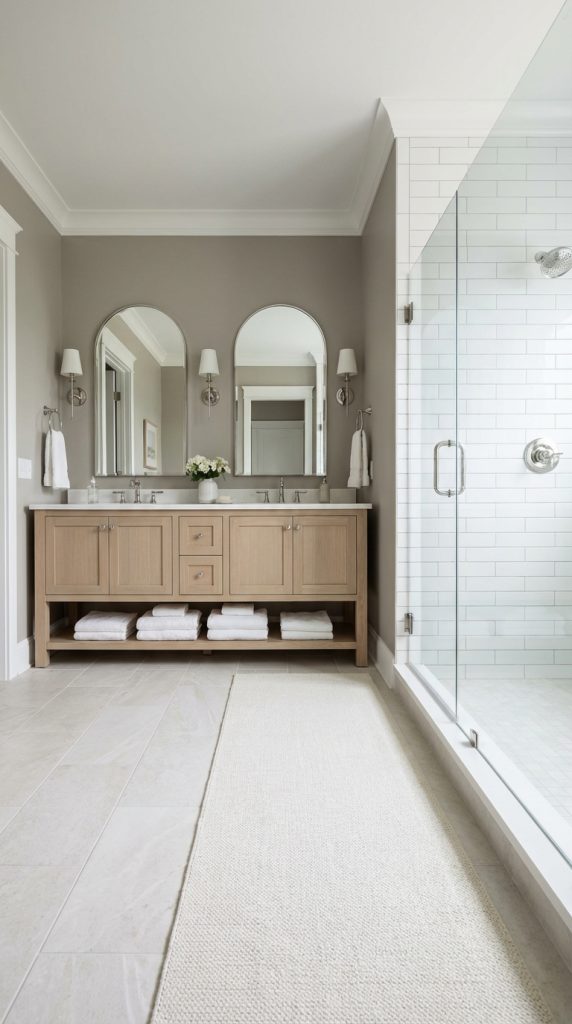 A modern bathroom featuring a double vanity with three arched mirrors, wall-mounted sconces, and light-colored wooden cabinetry. White towels are neatly stacked underneath the vanity. To the right, a glass-enclosed shower with white subway tiles is visible, while a light-colored rug runs along the floor.