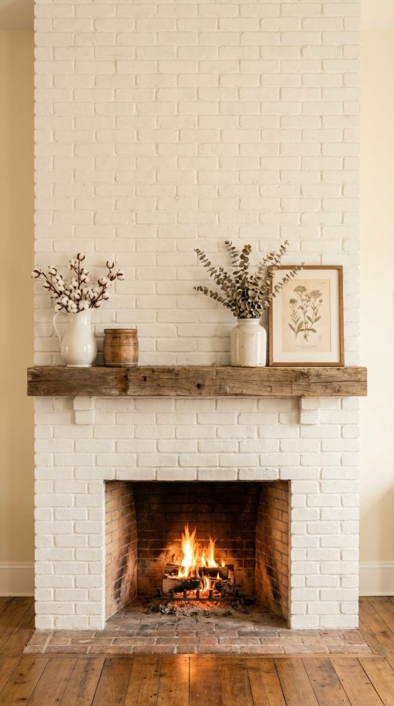 Farmhouse mantel decor idea with white painted brick fireplace, reclaimed wood beam mantel, cotton stems, eucalyptus in vase, and framed botanical print.