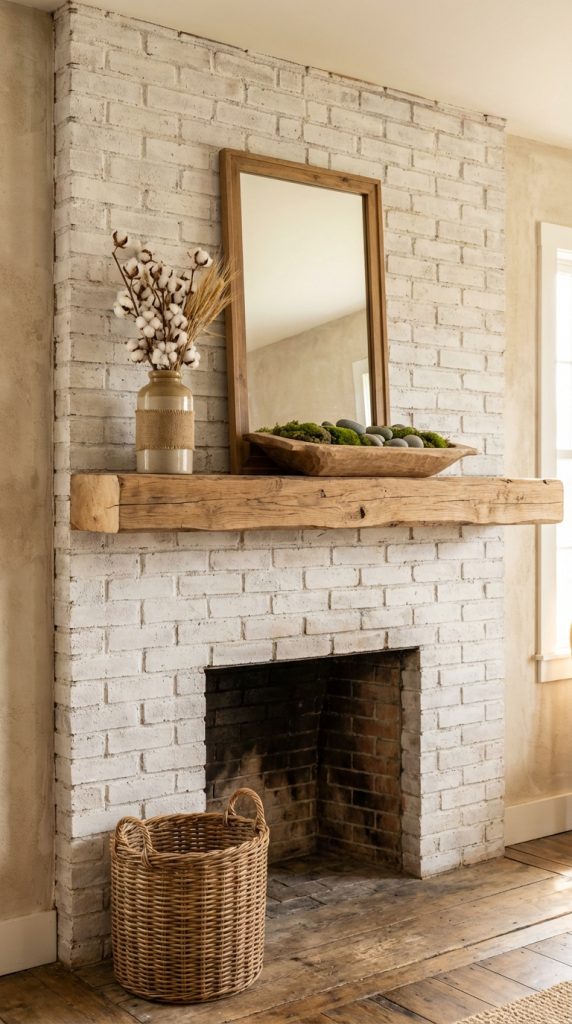 Farmhouse mantel decor idea with whitewashed brick fireplace, reclaimed wood beam mantel, wood framed mirror, cotton stems, moss tray, and rustic basket.
