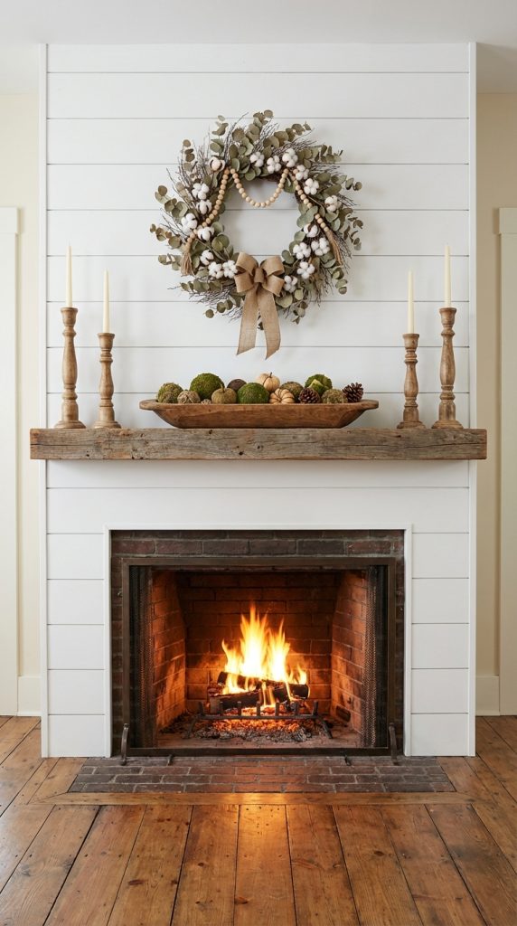 White shiplap farmhouse fireplace with wood beam mantel, fall wreath with cotton and beads, taper candles, moss bowl, and burning fire.