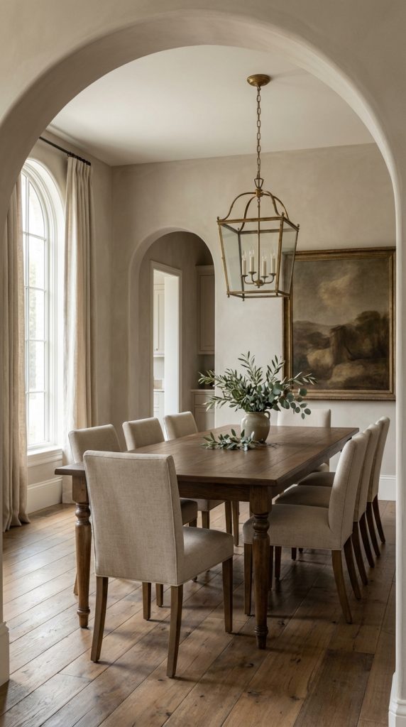 Elegant French country dining room idea with architectural arch detail, lantern-style pendant light, rectangular wood table, beige upholstered chairs, landscape artwork, and tall window with drapery.