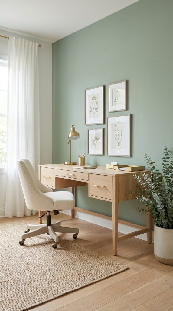 Elegant transitional home office idea showcasing oak desk, cream swivel chair, sage green wall, framed botanical prints, brass accents, and potted eucalyptus plant.