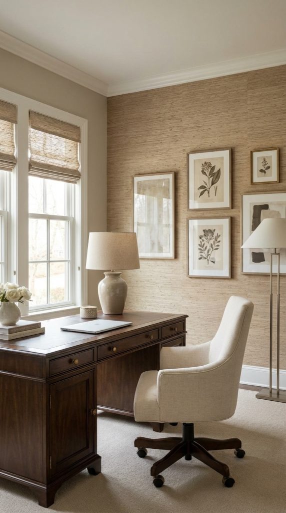 Traditional transitional home office with grasscloth wallpaper, dark wood desk, cream rolling office chair, framed botanical prints, neutral rug, and ceramic lamp.