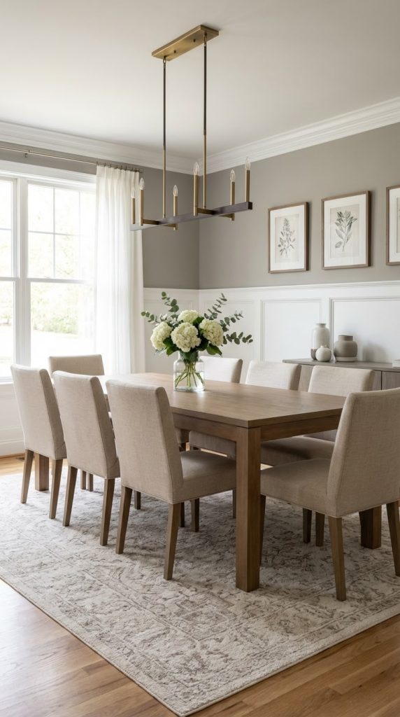 Transitional dining room idea featuring brass linear chandelier, solid wood table, oatmeal linen chairs, hydrangea centerpiece, and paneled walls.