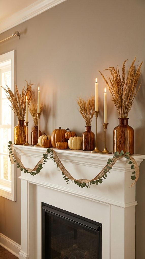 Thanksgiving mantel styling idea with white fireplace mantel, amber glass bottles of wheat, brass taper candles, orange and cream pumpkins, and burlap eucalyptus garland.