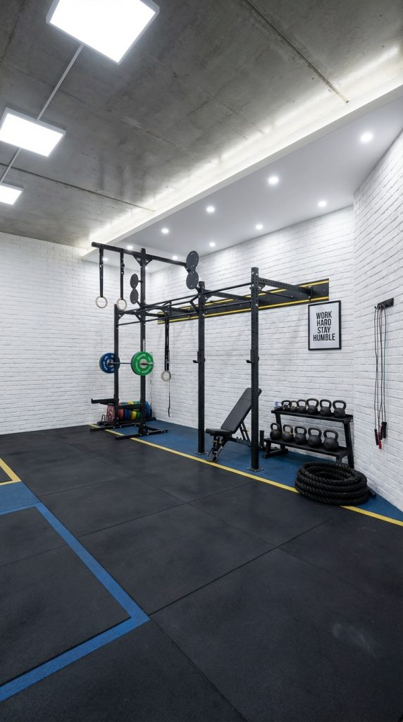 Industrial-style home gym decor idea with concrete ceiling, white brick walls, steel power rack, gymnastic rings, kettlebell rack, bumper plates, battle ropes, and rubber flooring with blue and yellow markings.