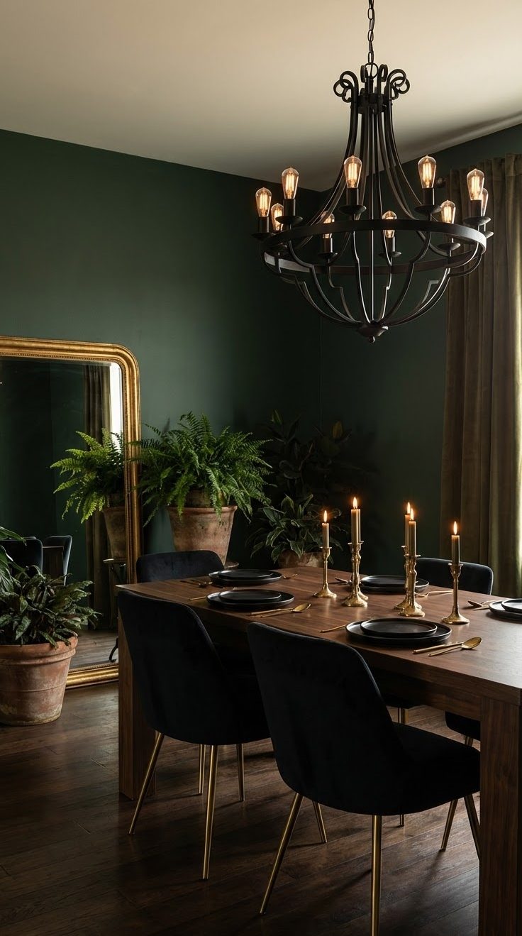 Moody dining room idea styled with emerald green walls, dark hardwood floors, wooden dining table, velvet chairs with gold legs, brass taper candles, black iron chandelier, and large gold mirror.