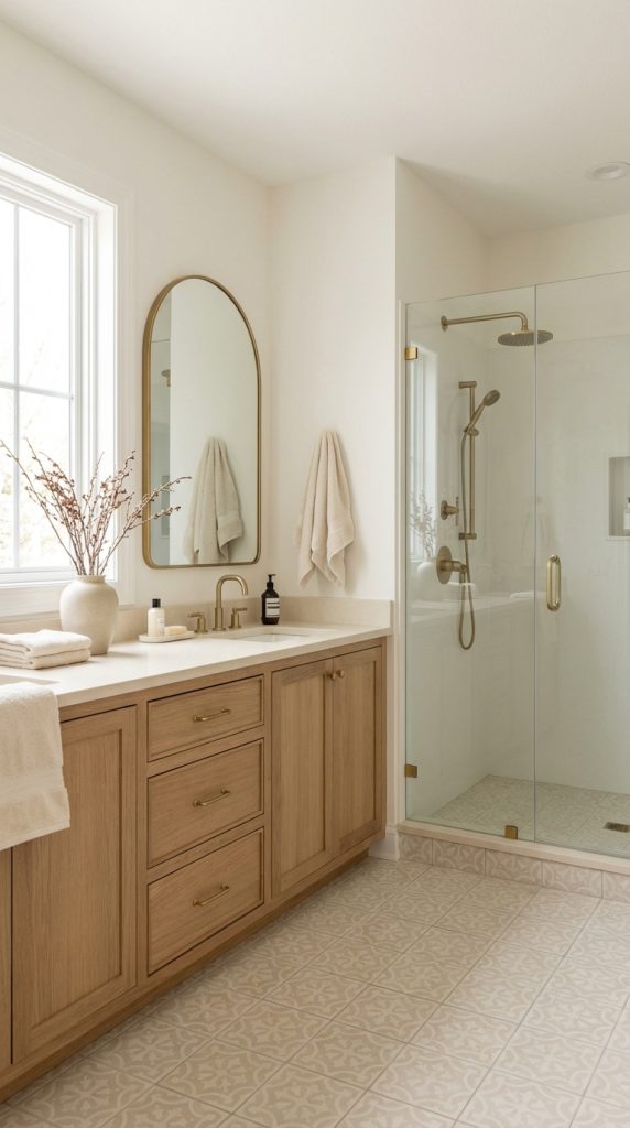 Modern neutral bathroom idea featuring patterned tile floor, wood vanity, brass faucet, arched mirror, and frameless glass shower.