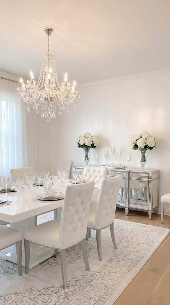 White glam dining room idea with crystal chandelier, glossy white table, tufted white chairs, mirrored sideboard, and white floral arrangements.