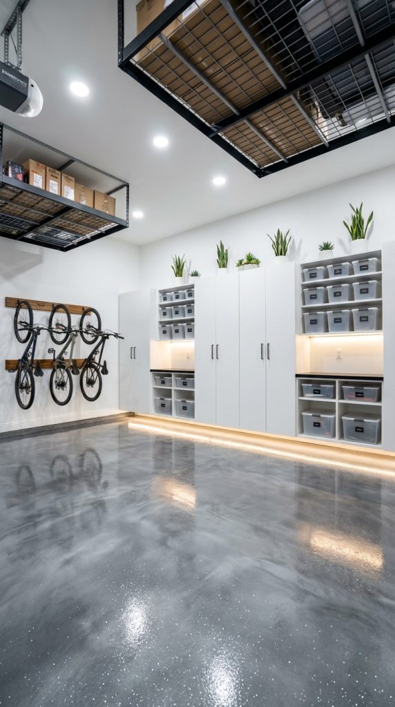 Modern garage organization idea with white floor-to-ceiling cabinets, labeled clear storage bins, LED under-cabinet lighting, ceiling-mounted metal racks, and wall-mounted bikes.