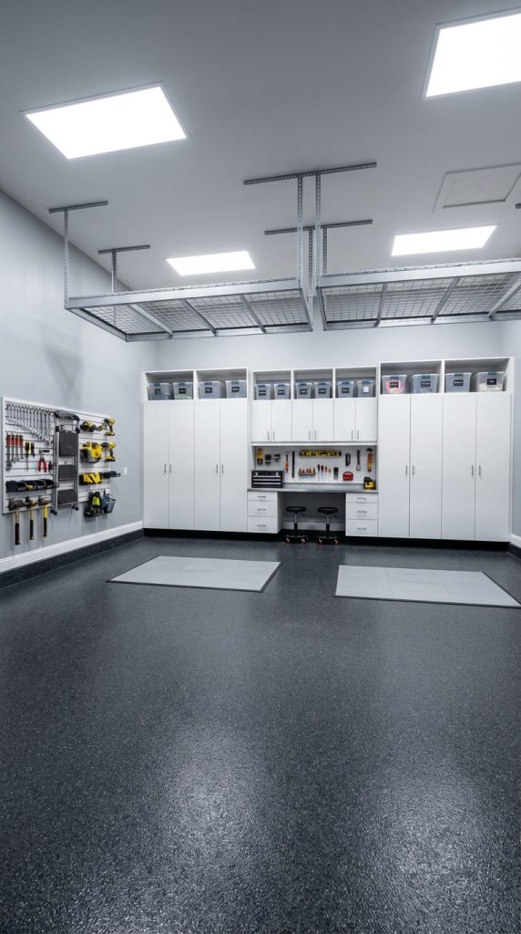 Contemporary garage organization idea with integrated cabinet wall, overhead metal rack storage, recessed workbench, and seamless epoxy flooring.