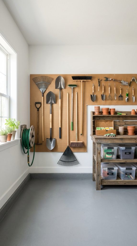Pegboard wall garage organization idea featuring mounted rakes, shovels, hose reel, and rustic potting bench with labeled storage bins.