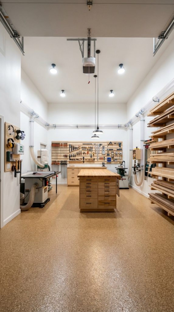 High-ceiling garage organization idea featuring central hardwood assembly bench, wall-mounted clamp storage, lumber racks, stationary saws, and exposed dust collection lines.