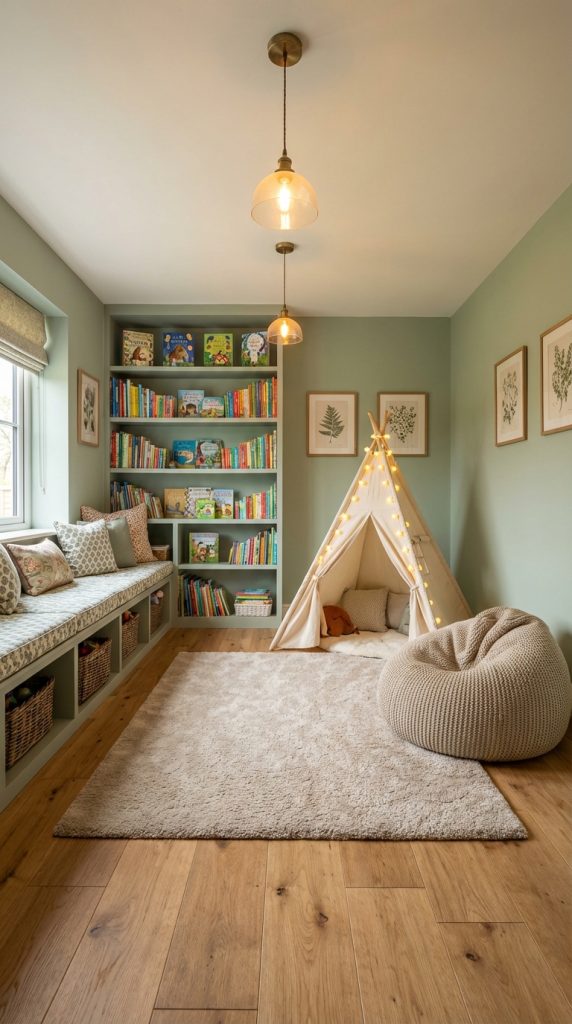 Cottage-style kids’ playroom idea with sage walls, botanical wall art, brass pendant lighting, built-in bookshelf, cushioned window bench, teepee tent, and cozy bean bag.