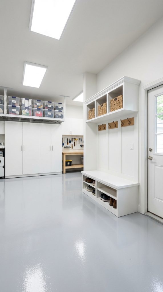 Mudroom-style garage organization idea with built-in bench cubbies, wood hook rail, tall white cabinets, ceiling storage racks, and labeled bins.
