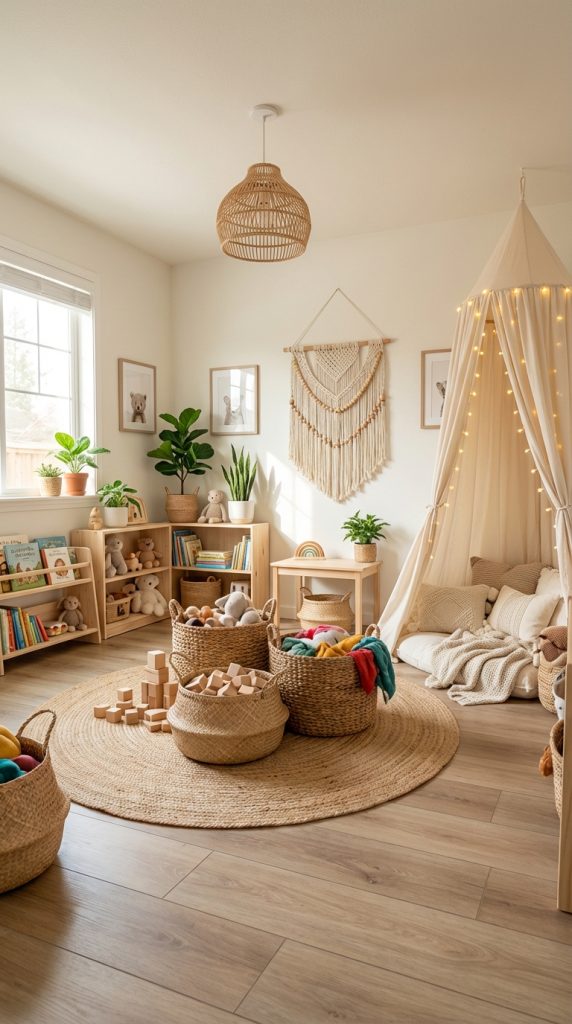Montessori-inspired kids’ playroom idea featuring low wooden bookshelves, woven storage baskets, round jute rug, macramé wall hanging, and fairy-lit canopy reading corner.