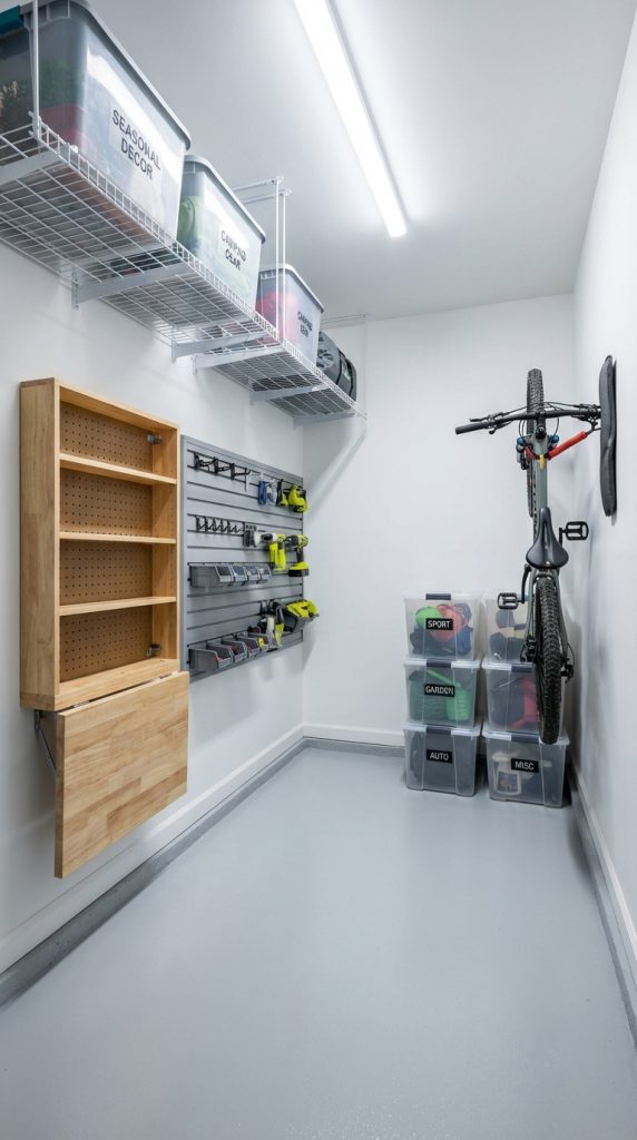 Narrow garage organization idea with ceiling wire racks, slatwall tool system, fold-down wooden workstation, labeled storage bins, and wall-mounted bicycle rack.
