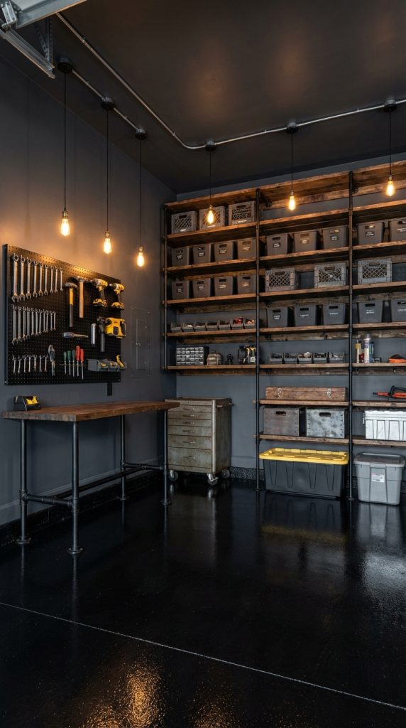 Modern industrial garage organization idea featuring pegboard wrench display, steel shelving with storage bins, rolling tool chest, wood workbench, and glossy epoxy flooring.