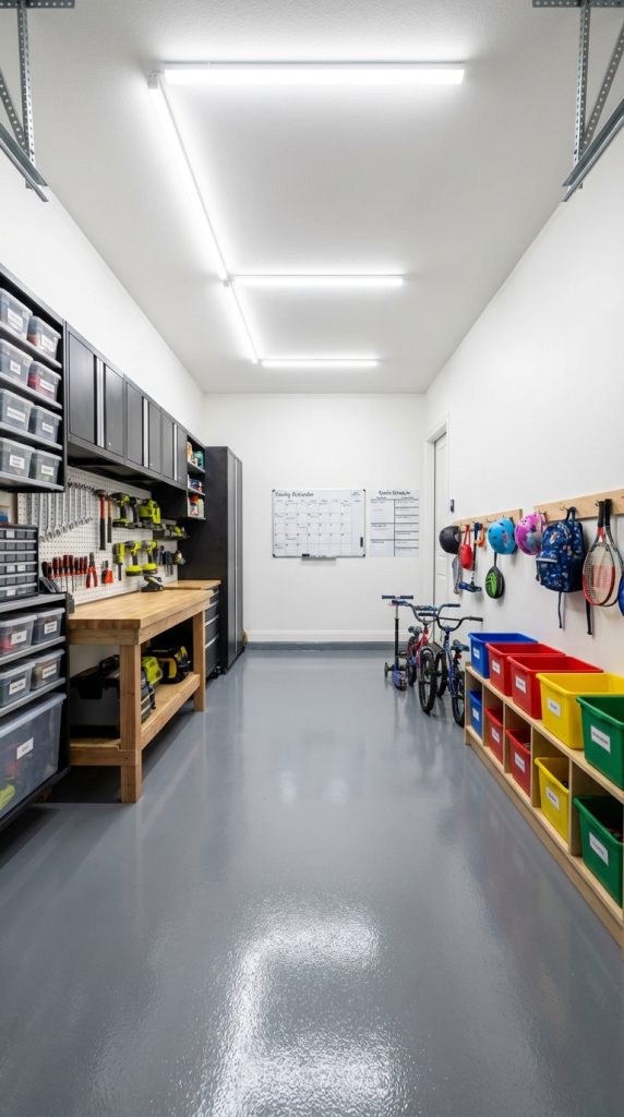 Zoned garage organization idea featuring tall cabinets, tool drawers, wood rail with sports hooks, labeled storage totes, and kid-height cubbies.