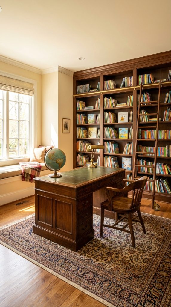 Traditional kids’ playroom idea designed as a classic home library with walnut built-in bookshelves, rolling ladder, wooden desk, globe, brass lamp, and patterned Persian rug.