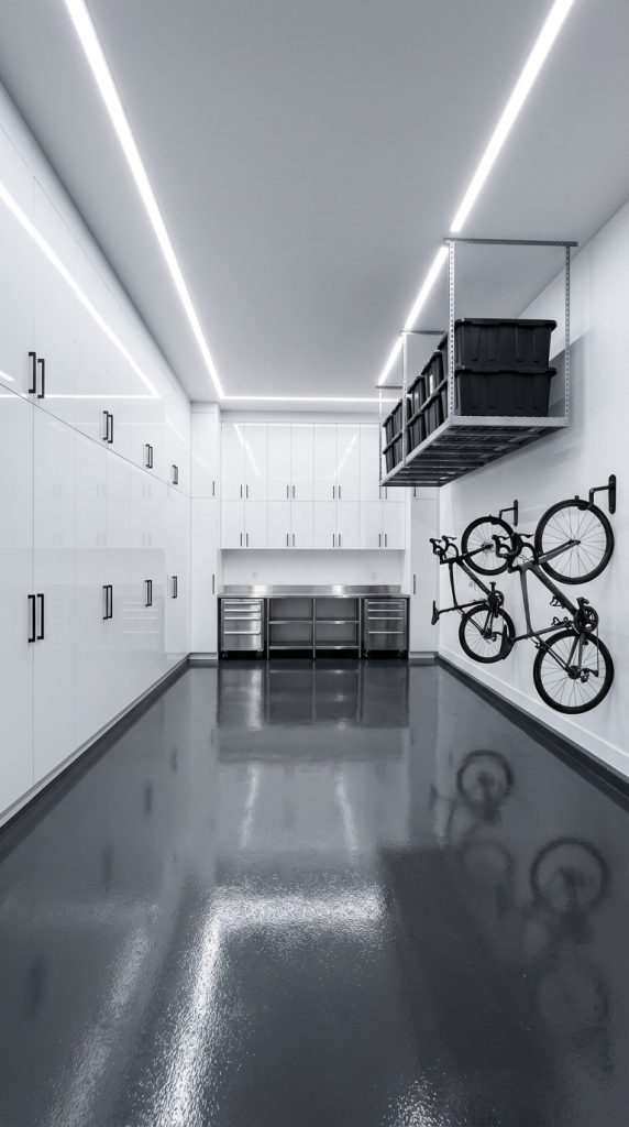 Modern garage organization idea featuring LED strip lighting, symmetrical white cabinets, metal workbench station, overhead rack shelving, and wall-mounted bicycles.