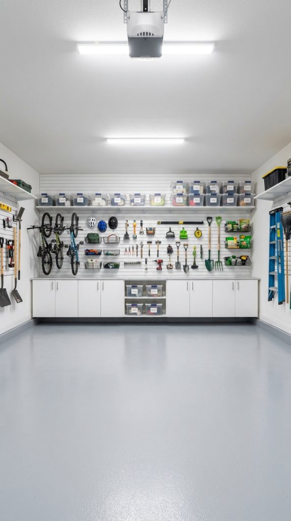 Organized garage organization idea with full slatwall system, labeled clear bins, wall-mounted bikes, garden tool hooks, and lower white storage cabinets.