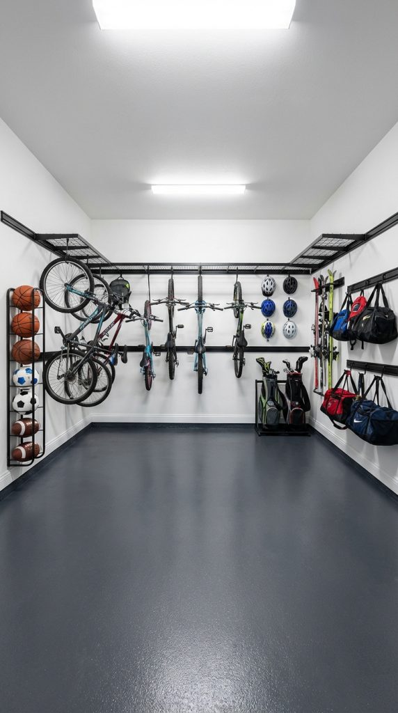 Sports-focused garage organization idea with wall-mounted bike rails, overhead storage racks, helmet hooks, ball rack, ski storage, and golf bag stand.