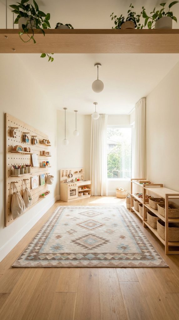 Nature-inspired kids’ playroom idea with pegboard display wall, open cubby storage, woven baskets, indoor plants on loft beam, wooden play kitchen, and soft patterned rug.
