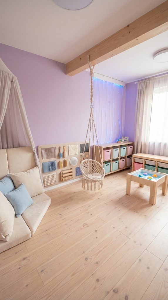 Montessori-inspired kids’ playroom idea with macramé hanging swing, lavender walls, sensory activity board, low cubby storage with pastel bins, floor cushions, and wooden sensory table.