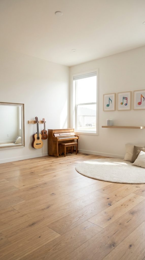 Contemporary kids’ playroom idea styled as a home music studio with wooden piano, hanging guitars, large wall mirror, floating shelf, and neutral decor.