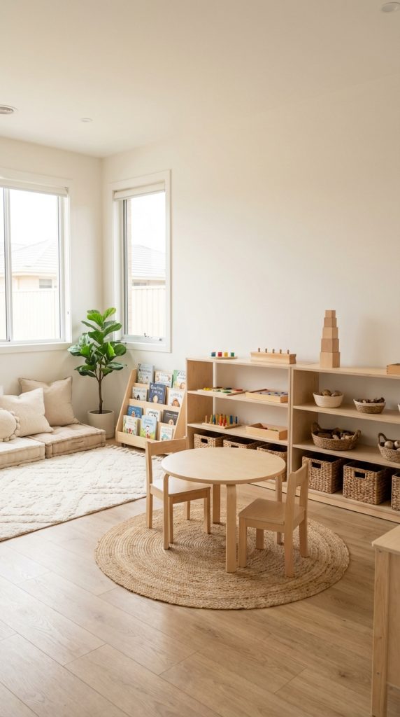 Montessori-style kids’ playroom idea with low wooden shelves, woven storage baskets, round jute rug, small round table with chairs, book display rack, and cozy floor cushions by the window.
