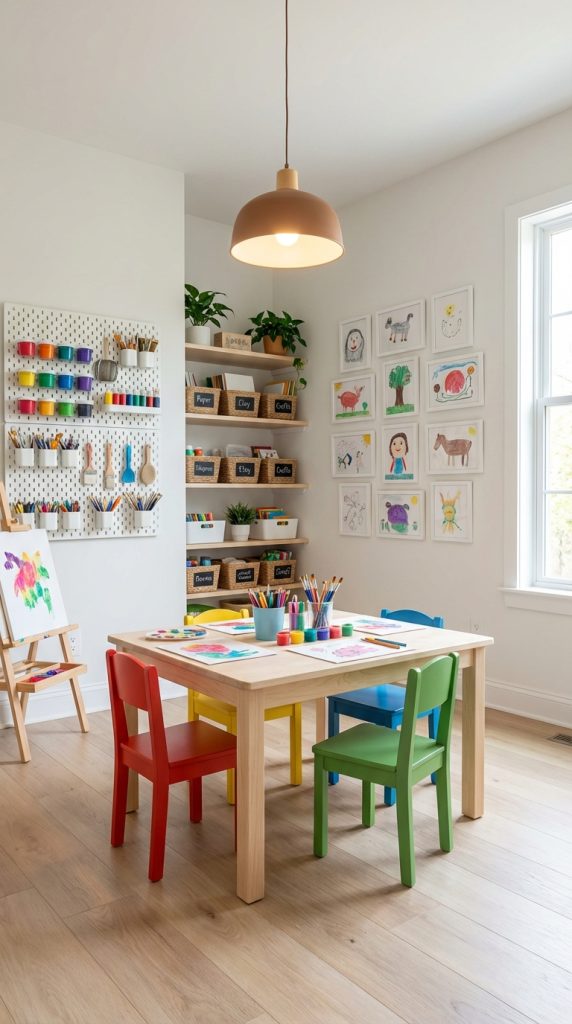 Scandinavian kids’ playroom idea featuring pegboard art supply storage, open wooden shelves with baskets, gallery wall of kids’ drawings, and small table with red, blue, yellow, and green chairs.