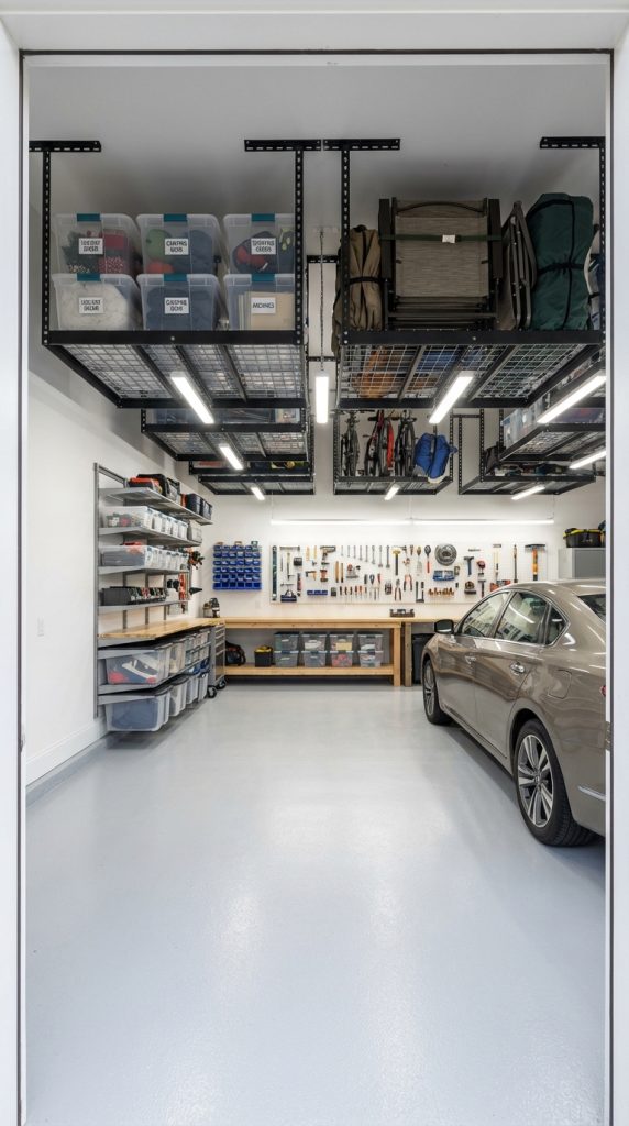 High-capacity garage organization idea with ceiling-mounted steel storage racks, labeled bins, wall shelves, pegboard tool wall, wood workbench, and parked car.