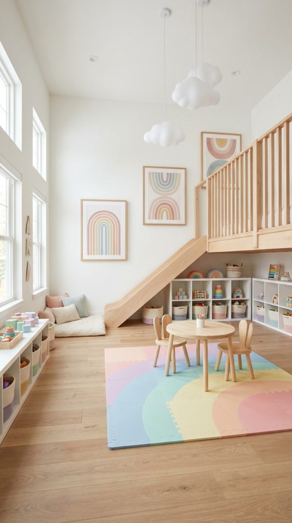 Scandinavian loft-style kids’ playroom idea with wooden slide, rainbow wall art, cloud pendant lights, pastel play mat, and low cubby storage with color bins.