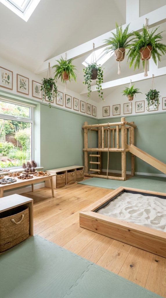 Nature-inspired kids’ playroom idea featuring hanging ceiling plants, rustic wooden play structure with rope ladder and slide, indoor sand pit, low wood table, and green accent walls.