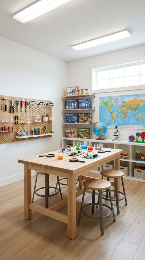 Educational kids’ playroom idea arranged as a science lab with central wooden experiment table, magnifying glasses, circuit board kits, pegboard tools, globe, and world map wall.