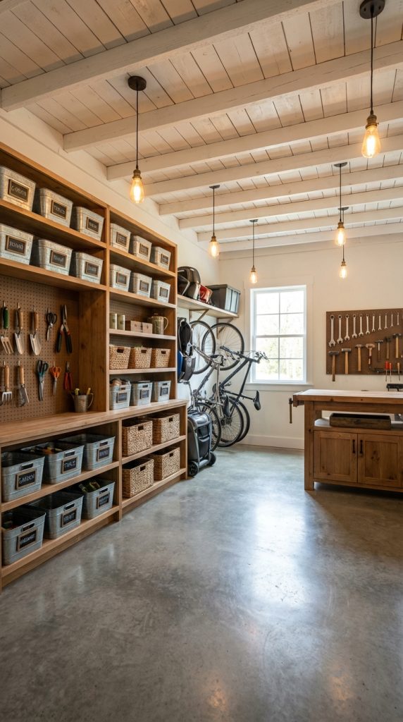 Farmhouse garage organization idea featuring built-in wood shelves, chalkboard-labeled bins, woven baskets, wrench display board, Edison lights, and vertical bike storage.